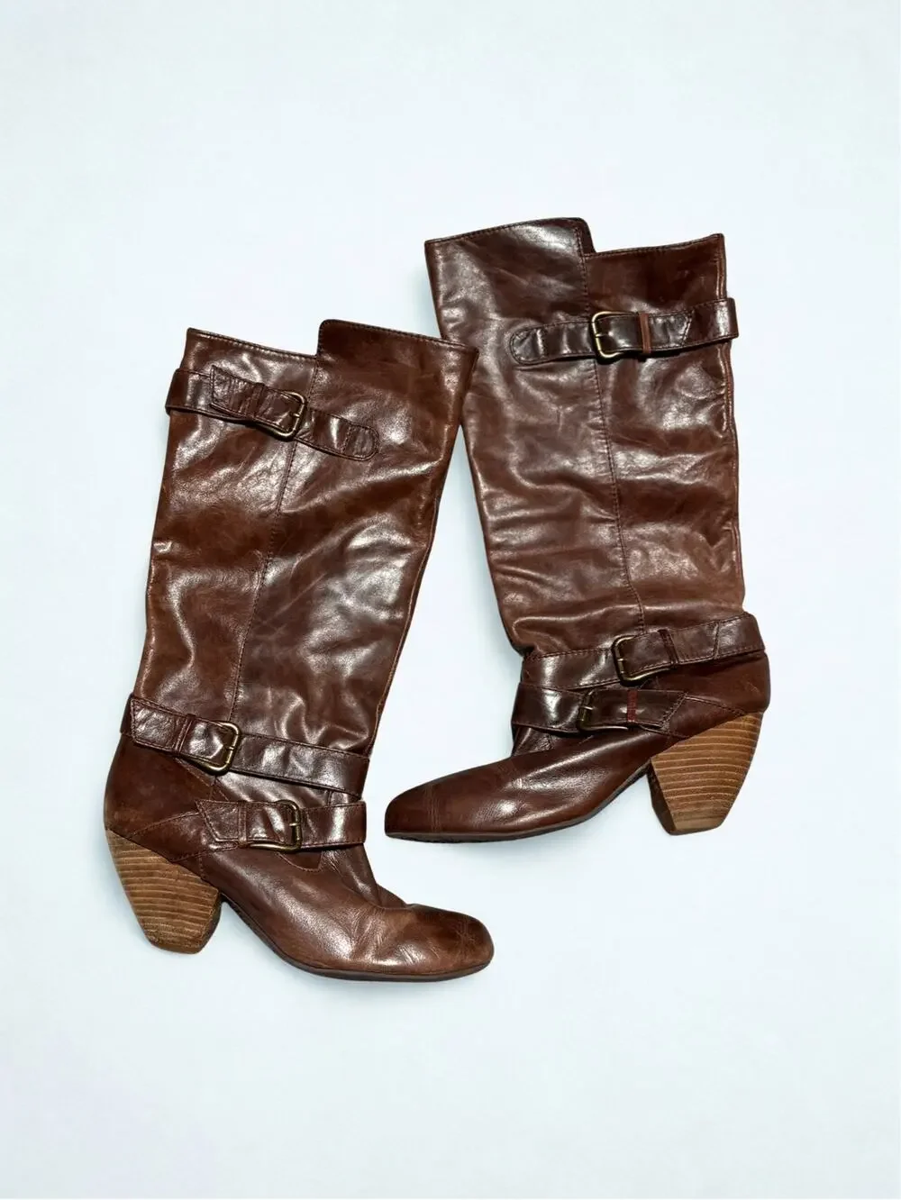 Aldo Brown Leather Slouch Calf Boots Buckle Details Size 9